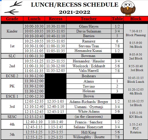 Meyer Lunch &amp; Recess Schedule