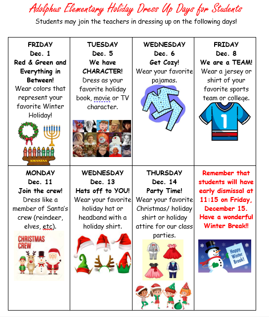 Student Holiday Dress Up Days 2023