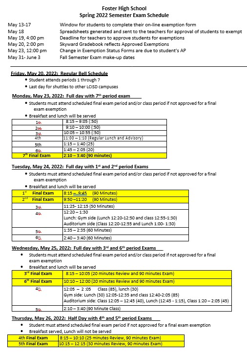 9-11 Exam Schedule