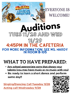 Flyer for theatre auditions on November 28 and 29