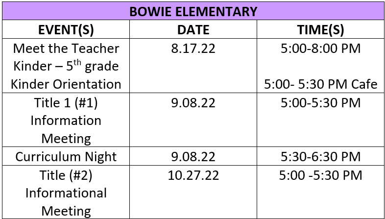 Bowie Schedule