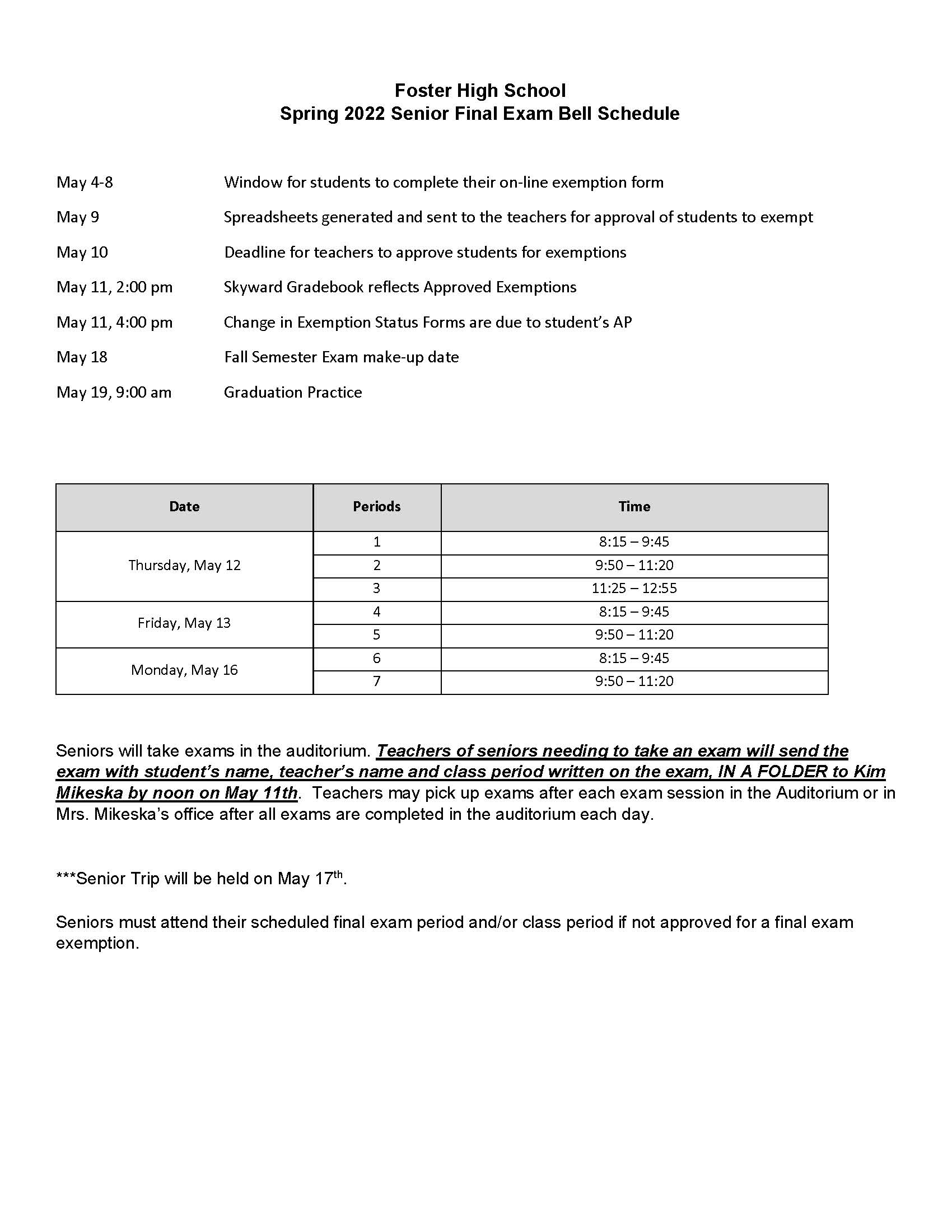 FHS 2022 Senior Spring Semester Exam Schedule docx