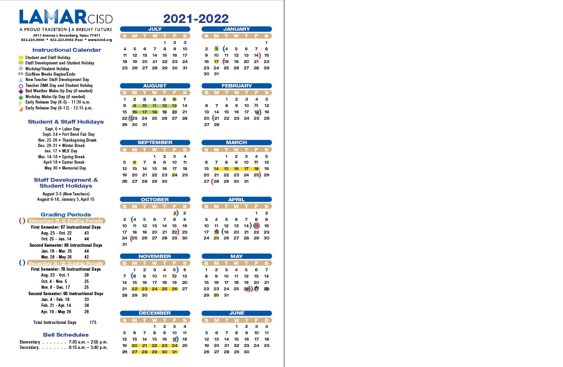 Lamar Cisd Calendar 2022 2023 2021-2022 Instructional Calendar