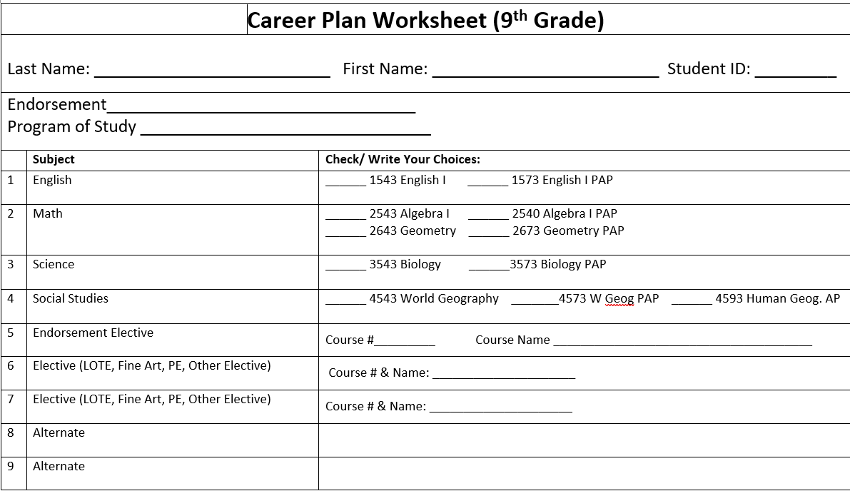 9th Grade Career Plan Worksheet