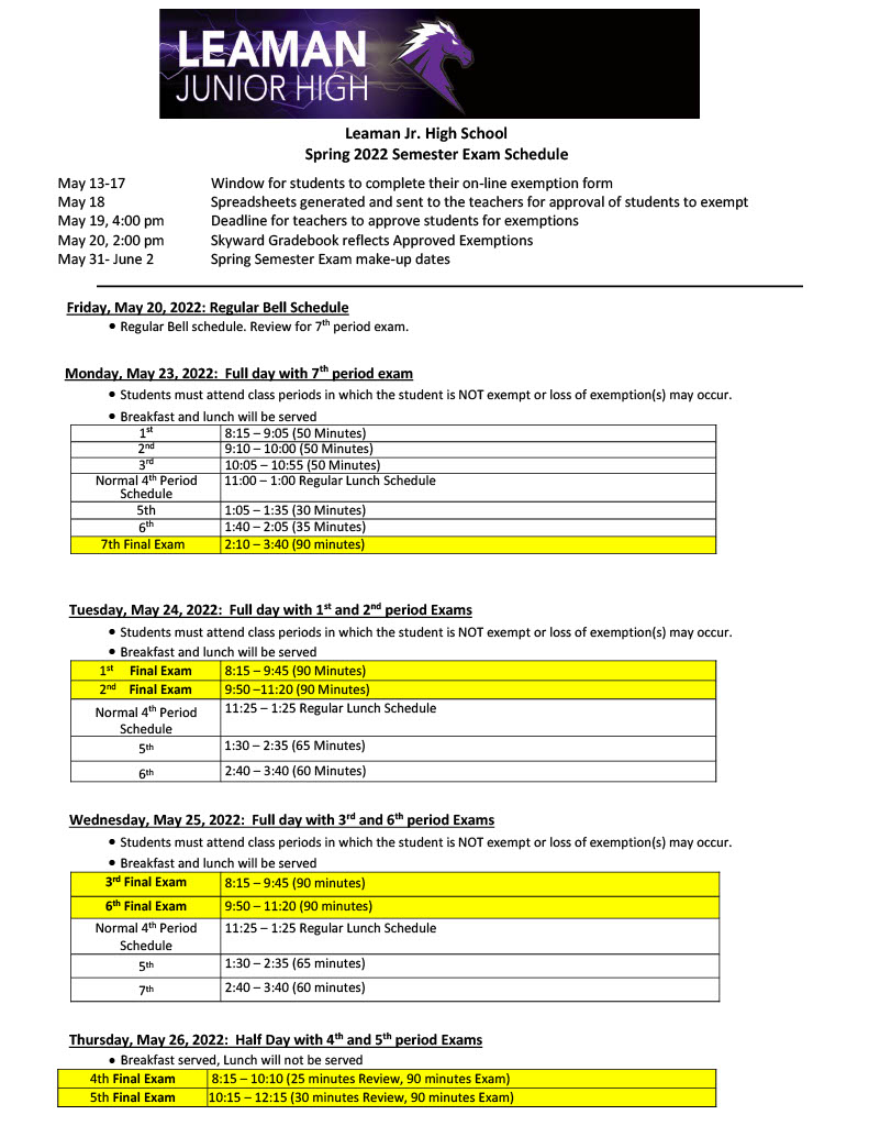 Leaman Jr. High School Spring 2022 Final Exam Bell Schedule1024_1