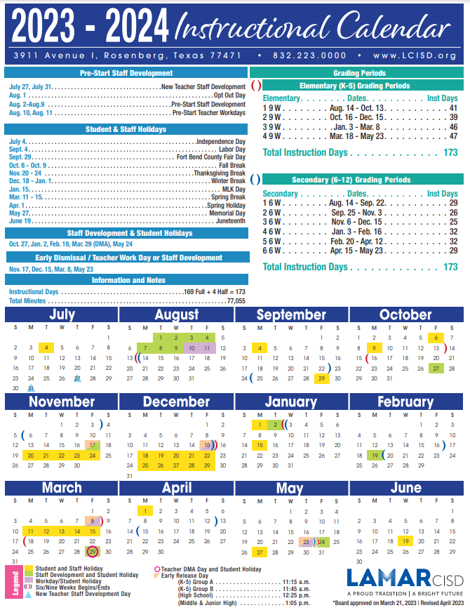 2023-2024 LCISD Instructional Calendar